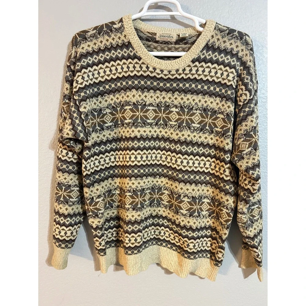 St Johns Bay Mens XL Silk Cotton Fair‎ Isle Crewneck Sweater Tan Brown Vintage